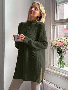 Women's Stand Collar Long Sleeve Cable Pattern Mini Sweater Dress