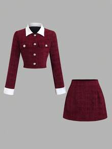 Sweetra 复古红色美国女继承人优雅两件套：修身长袖单排扣夹克和 A 字中长裙，时尚修身，秋冬 - 紅色 - 查看 1