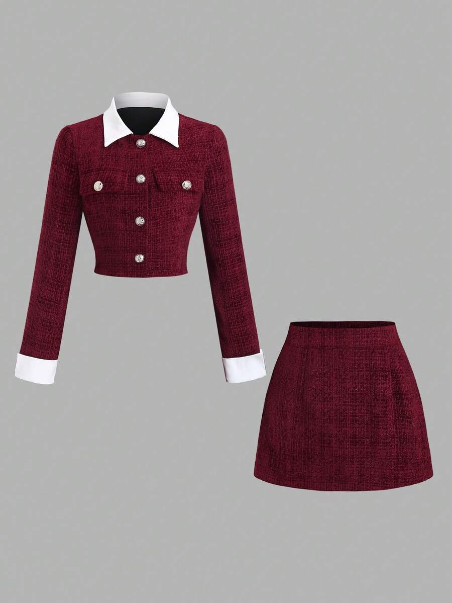 Sweetra 复古红色美国女继承人优雅两件套：修身长袖单排扣夹克和 A 字中长裙，时尚修身，秋冬 - 紅色 - 查看 1