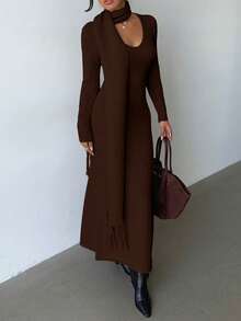 Elenzga Elegant Light Apricot V-Neck Simple Comfortable Vintage Style Knitted Dress With Tassel Scarf, Suitable For Commuting And Outings In Autumn/Winter - Brown - View 5