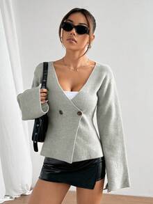 SHEIN Unity 女士优雅秋冬时尚束腰双排扣开衫 - 灰色 - 查看 6