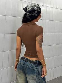 StreetHx Women's Casual Solid Color Rhinestone Print Turndown Collar Short Sleeve T-Shirt, Spring/Summer - Brown - View 2