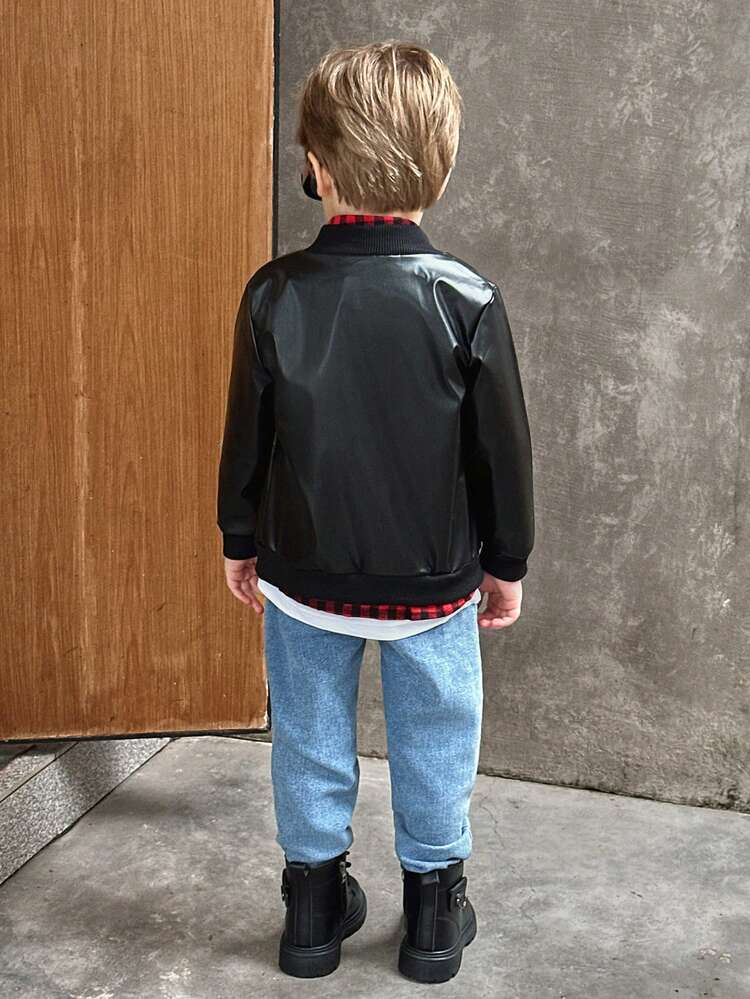 Young BoyStylish Black Jacket Coat, Round Neck Bomber Jacket Outerwear, Casual Wear For Boys