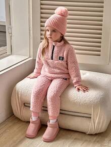 Winter Set Pink 2pcs Girls Autumn/Winter Furry Set, Including Stand Collar Half-Zip Jacket With Black Emblem On Pink Top; Matching Elastic Cuff Pants, Relaxed Fit For Everyday, Outdoor, School Wear Comfortable Fashion Cute Mischievous - Pink - View 4