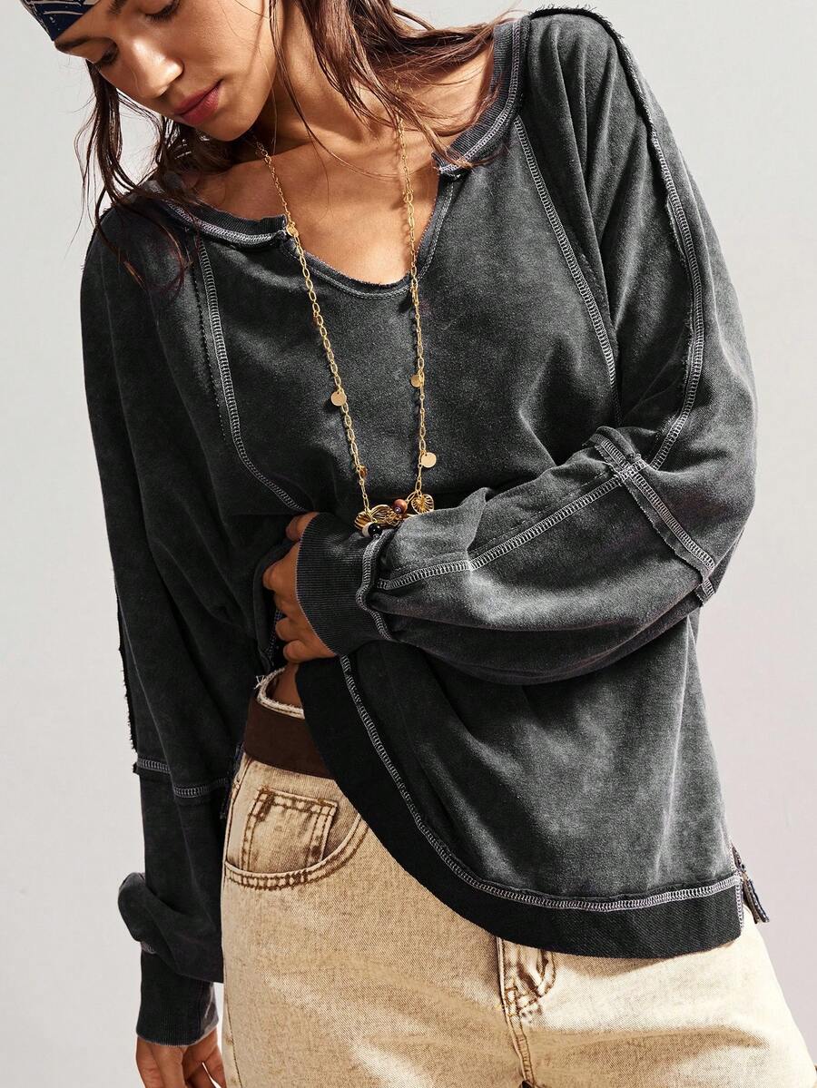 Bohemela Áo thun nữ tay dài cổ chữ V màu trơn đơn giản, rộng rãi, giặt thoải mái - màu đen - Xem 1