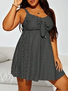 Swim Lushoire Summer Beach Plus Size Polka Dot Knot Front Swim Dress