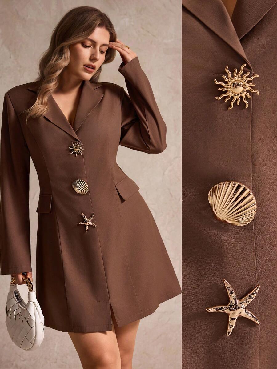 SHEIN LUNE Autumn/Winter Women's Elegant Brown Formal Long Sleeve Dress ...