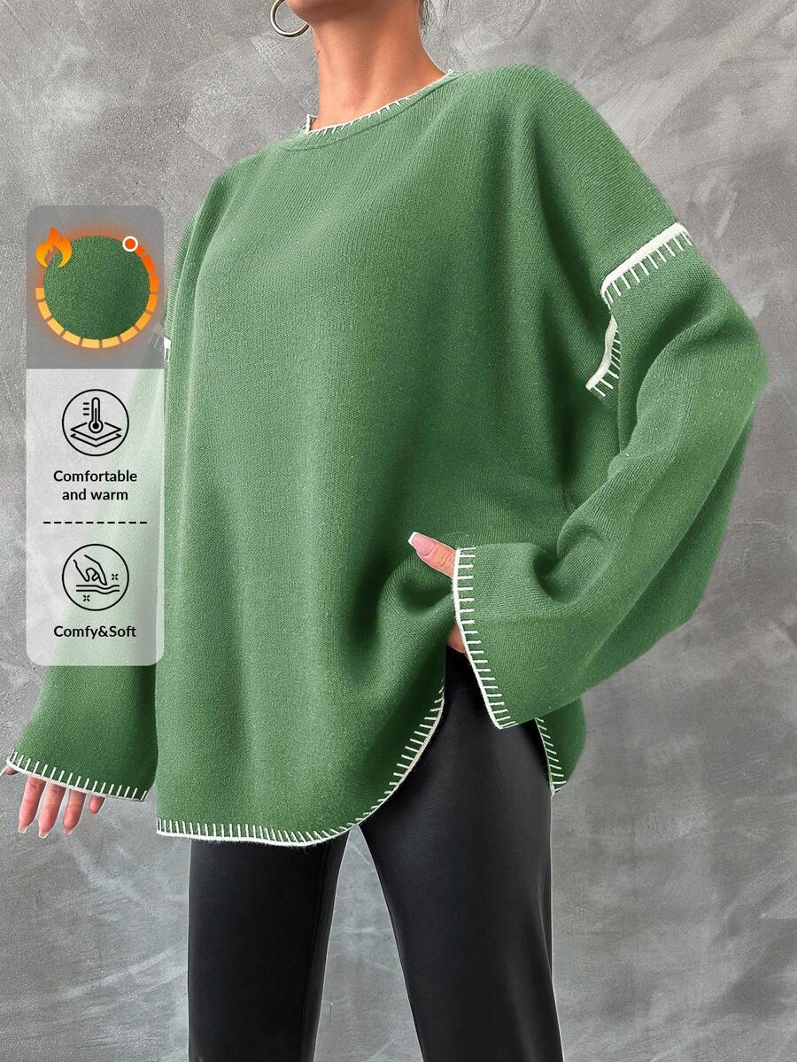 EURMUSE Damen Farbblockstreifen rundhals Langarm einfacher gestrickter Pullover, lässiger Alltagsaustrag