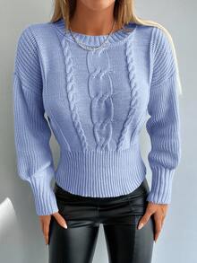 EURMUSE Solid Color Cable Knit Crew Neck Casual Pullover Sweater Brunch Light Blue Autumn - Baby Blue - View 6