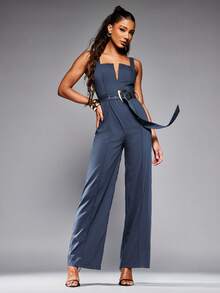 NYA SZN V-Ausschnitt Jumpsuit mit Gürtelschnalle, speziell für Anlässe wie Brunch, Hochzeitsgäste, Brautjungfern, Europäischer Sommer, Strandurlaub, Thanksgiving, Weihnachten, Silvester - Outfits für Frauen - Königsblau - Übersicht 3