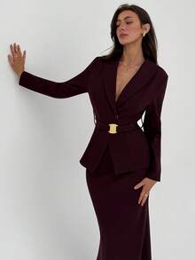 Aloruh Women's Solid Color Shawl Collar Long Sleeve Belted Jacket And Fish Tail Midi Skirt Elegant Suit Set