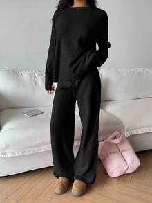 Flirla 2件套女士休闲超大针织毛衣套装 - 黑色 - 查看 3