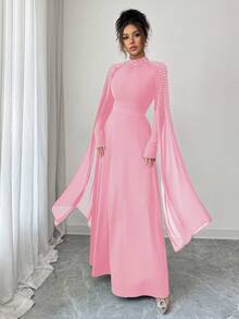 Elenzga Robe plissée élégante à col montant de haute qualité, mode féminine de luxe du Moyen-Orient