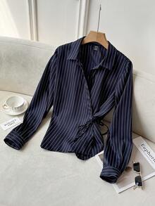 Modelyn 女式长袖领口系带收腰条纹休闲衬衫