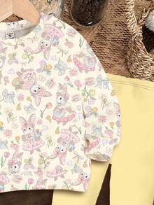 SHEIN 女婴休闲度假可爱乡村兔子和花卉印花针织柔软厚圆领长袖运动衫和打底裤套装，适合秋冬季 - 彩色 - 查看 5