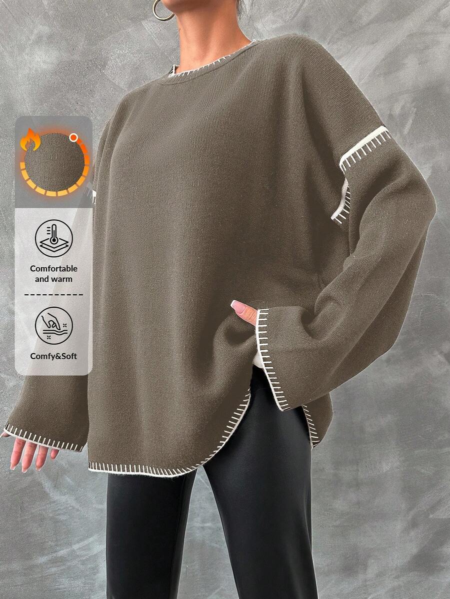 EURMUSE Women's Loose Fit Color Block Round Neck Sweater - Brown - View 1