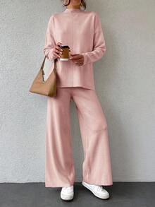 SHEIN Cottnline Solid Color Half-Turtleneck Drop Shoulder Sleeves Casual Sweater 2pcs/Set - Pink - View 3