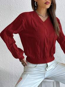Cloudara Cable Knit Drop Shoulder Sweater - Rose Red - View 3