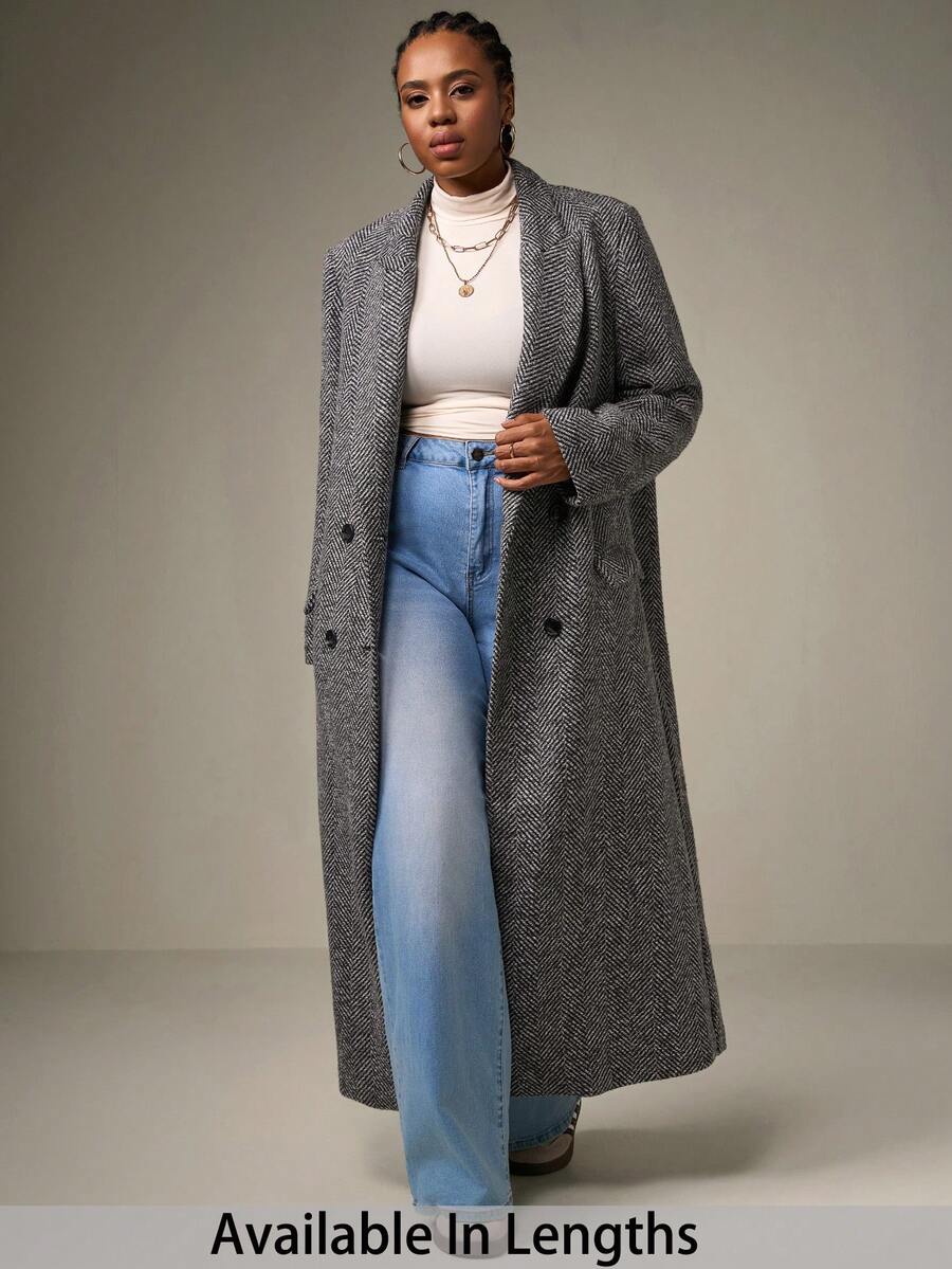 SHEIN Tall CURVE Plus Size Women's Herringbone Pattern Lapel Collar Long Sleeve Long Overcoat, Autumn/Winter Long Cardigan For Women Long Jacket For Women Long Coat Long Coats For Women Outerwear Women - Grey - View 1