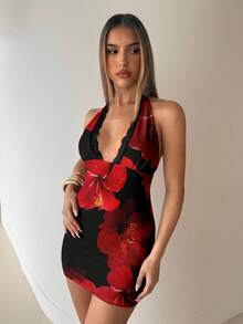 Aloruh 女式红色花卉印花迷你连衣裙 - 白色 - 查看 4