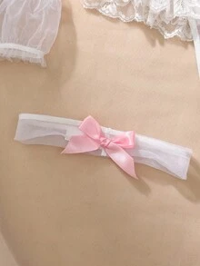 4pcs Pink Satin Lace Patchwork Ruffle Bow Mesh Sheer Camisole + G-String + Arm Sleeves + Leg Garter Sexy Lingerie Set, Sweet & Cute - Multicolor - View 4