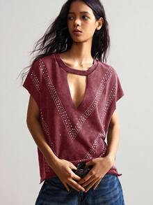 Bohemela 女式休闲水钻装饰锁孔领蝙蝠袖针织 T 恤 - 酒紅色 - 查看 5