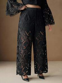 Anewsta Rose Embroidery Hollow-Out Fabric Straight Leg Non-Stretch Casual Elegant Plus Size Pants - Black - View 5