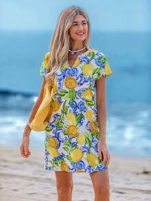 Sylviya 休闲简约度假柠檬花优雅巴洛克蓝色花卉印花V领编织短裙女士连衣裙，适合春夏季 - 彩色 - 查看 3