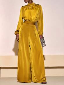 Zivah 20  Winter New Arrivals - Global Carnival Season: Christmas, New Year, Valentine's Day, Parties, Evenings, Dates, Gatherings, Birthday Parties, Preppy Style, Student Wear, Everyday Outings, Basic And Versatile, Casual, Cruise Travel, Influencer Hot Item, Elegant, Commuter, Business Casual, Simple, Stand Collar Long Sleeve, Gathered Cropped Women's Top + Racer Pleated Straight Leg Trousers, With Pockets And Zipper, Mustard Yellow Satin Shimmering Fabric, Autumn/Winter Set, Commuter Set, Party Set, Cocktail Party Set, Yellow Set, Elegant Set, Women's Two-Piece Set - Mustard Yellow - View 8