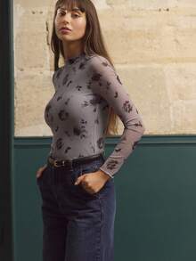 lacRébo Grey High Neck Long Sleeve Mesh Top With Black Floral Print Pattern Spring Summer - Purple - View 3
