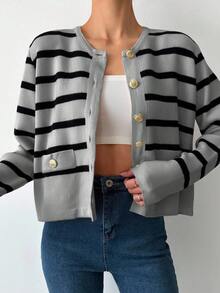 SHEIN Tall Striped Pattern Button Front Cardigan, Tall Women - Light Grey - View 4