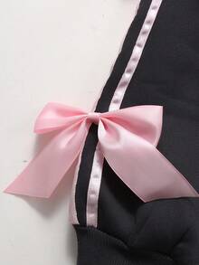 SHEIN 2 Stücke Tween Mädchen Lässig Mode süße Schleife Muster Kontrast Farbe Schleife Dekor Rundhals Pullover Sweatshirt & gerade geschnittene weite Bein Hose Set, Herbst/Winter Sweatshirt Outfit - Dunkelgrau - Übersicht 4