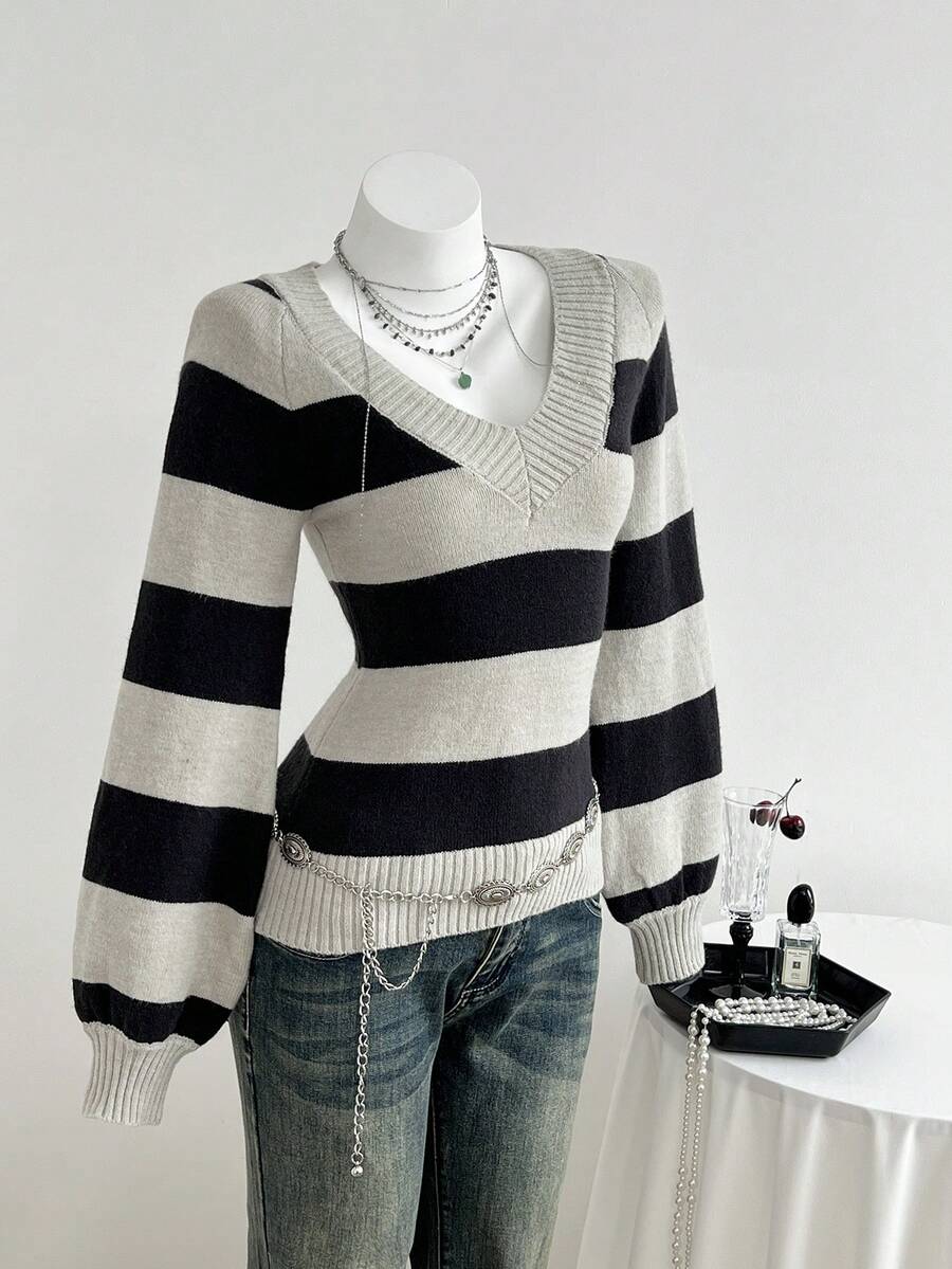 Elamini Women's Sexy Fitted V-Neck Striped Long Sleeve Sweater, Versatile - Multicolor - View 1