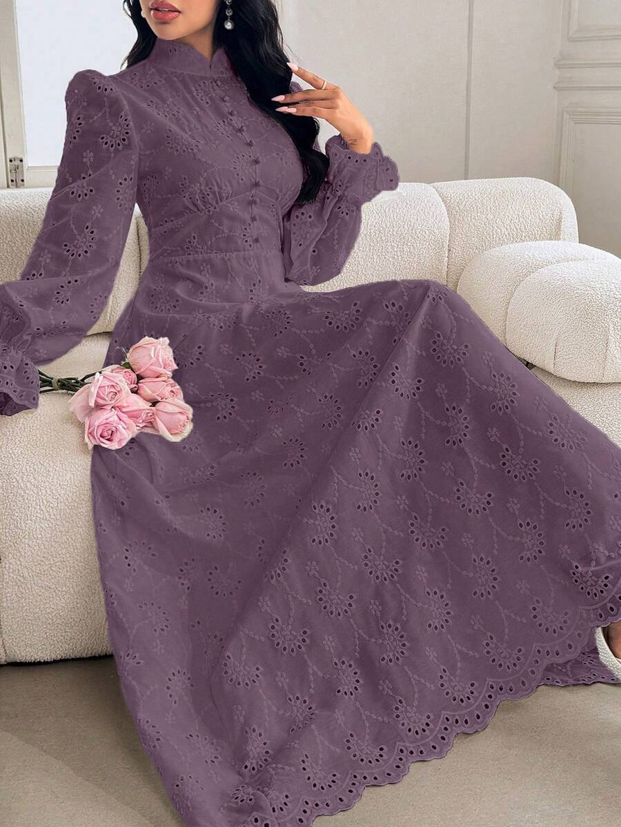 Modelyn 法式领泡泡袖连衣裙 - 紫色 - 查看 1