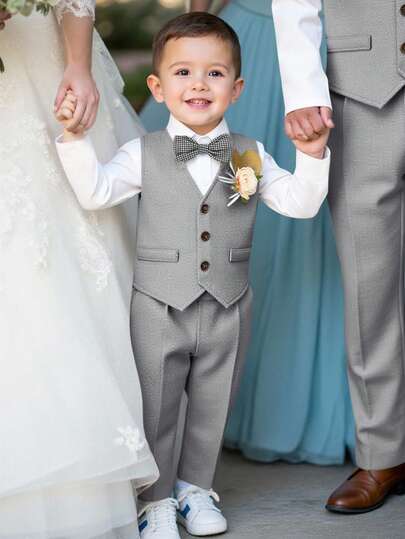 3 pièces Tenue de jeune homme élégant : gilet kaki, pantalon à taille élastique, nœud papillon et ensemble de chemise à manches longues, printemps/été