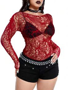 Whyspr 大码女式蜘蛛网不对称镂空长袖性感上衣 - 紅色 - 查看 3