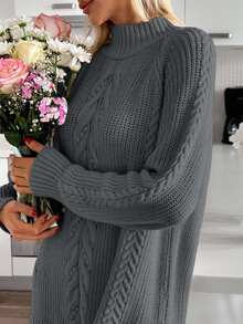 EURMUSE Cable Pattern Mock Neck Raglan Sleeves Mini Sweater Dress - Grey - View 2