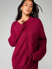 MISSGUIDED Cardigan oversize da donna con chiusura a bottoni e dettaglio di tasca sul petto, per comfort in autunno e inverno, adatto anche per Natale - Bordò - Visualizzare 6