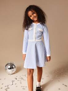 SUMWON Tween Girls Blue White Gingham Check Long Sleeve Collared Dress With Pockets Button Front A-Line Mini Fall School Outfit - Blue and White - View 4