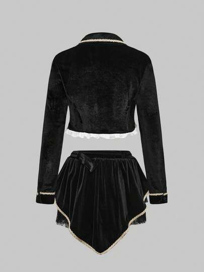 ROMWE Avant Ensemble de Top à manches longues avec design de laçage en dentelle ajourée et jupe évasée pour femmes, tenue de cosplay