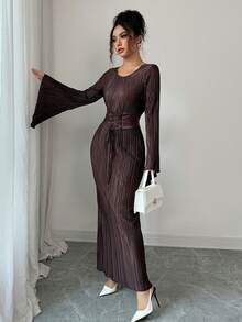 SHEIN PETITE Váy Maxi suông dài tay xòe xếp ly eo cho nữ, thích hợp đi tiệc/đi làm - Cà phê - Xem 5