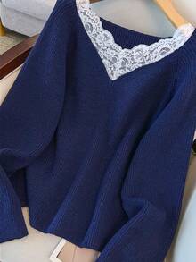 EMERY ROSE 全新优雅蕾丝边 V 领柔软百搭大码女式针织毛衣上衣 - 藏蓝色 - 查看 4