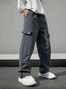 Claim Dot 男士字母印花抽绳腰部宽松轻便户外休闲工装裤 - 灰色 - 查看 3