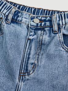 SHEIN Explorewe Tween Girls Y2K 时尚水洗蓝色水钻樱桃图案牛仔裤，阔腿休闲牛仔裤，适合城市漫步、日常时尚、OOTD、外出、上学、通勤、派对，2025 年秋季新品 - 中等水洗藍 - 查看 5