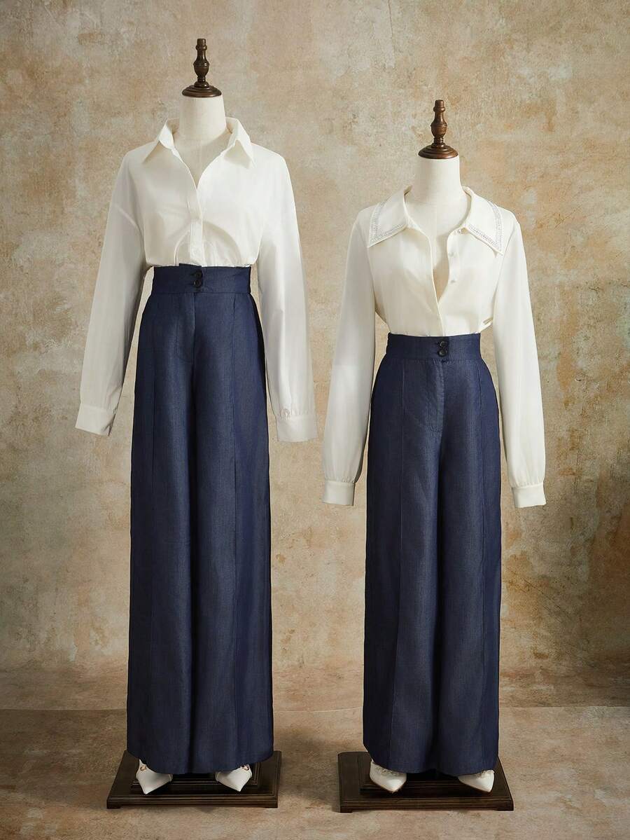 Anewsta Tall Quần ống rộng lưng cao co giãn thoải mái cho nữ - Màu xanh lam - Xem 1