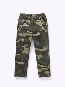 SHEIN Pantalones vaqueros casuales con cintura elástica y bolsillos con estampado de camuflaje para niño