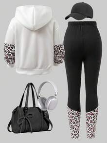 SHEIN Explorewe KIDS Tween Girl Leopard Print & Letter Graphic Hoodie Sweatshirt & Black Leggings Set,Cute Back-To-School School Black And White Autumn Outfit - White - View 2