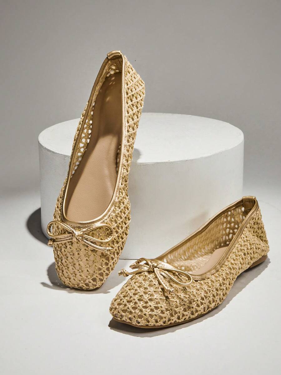 SHUZIA 女士编织 PU 一脚蹬方头简约芭蕾平底鞋 - 舒适百搭经典必备 - 金色 - 查看 1