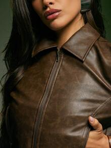 Denimoi 女式纯色尖领长袖前拉链时尚 PU 皮夹克 - 棕色 - 查看 6