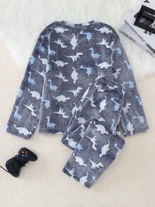 青少年男孩夜光游戏控制器图案羊毛圆领长袖上衣和裤子两件套睡衣套装，适合日常穿着 - 彩色 - 查看 2